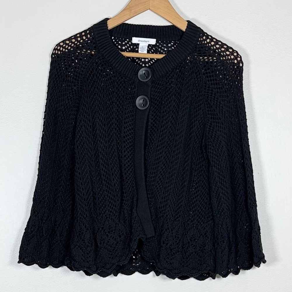 Dressbarn Women Cardigan Size XL Black Open Knit Crochet Cotton Scalloped Boho